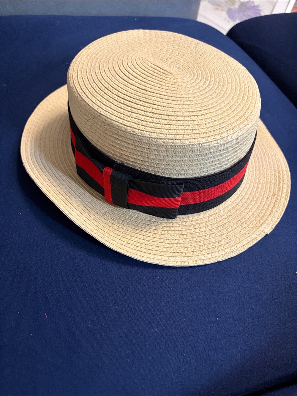 Classic Straw Boater Hat with Black and Red Band